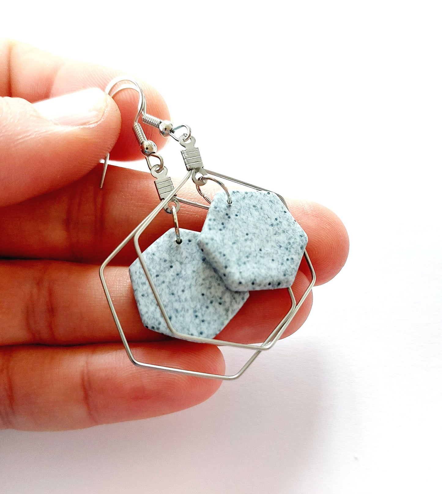 Statement Ohrringe geometrisch Polymer Clay Stein Optik Marmor grau silbern