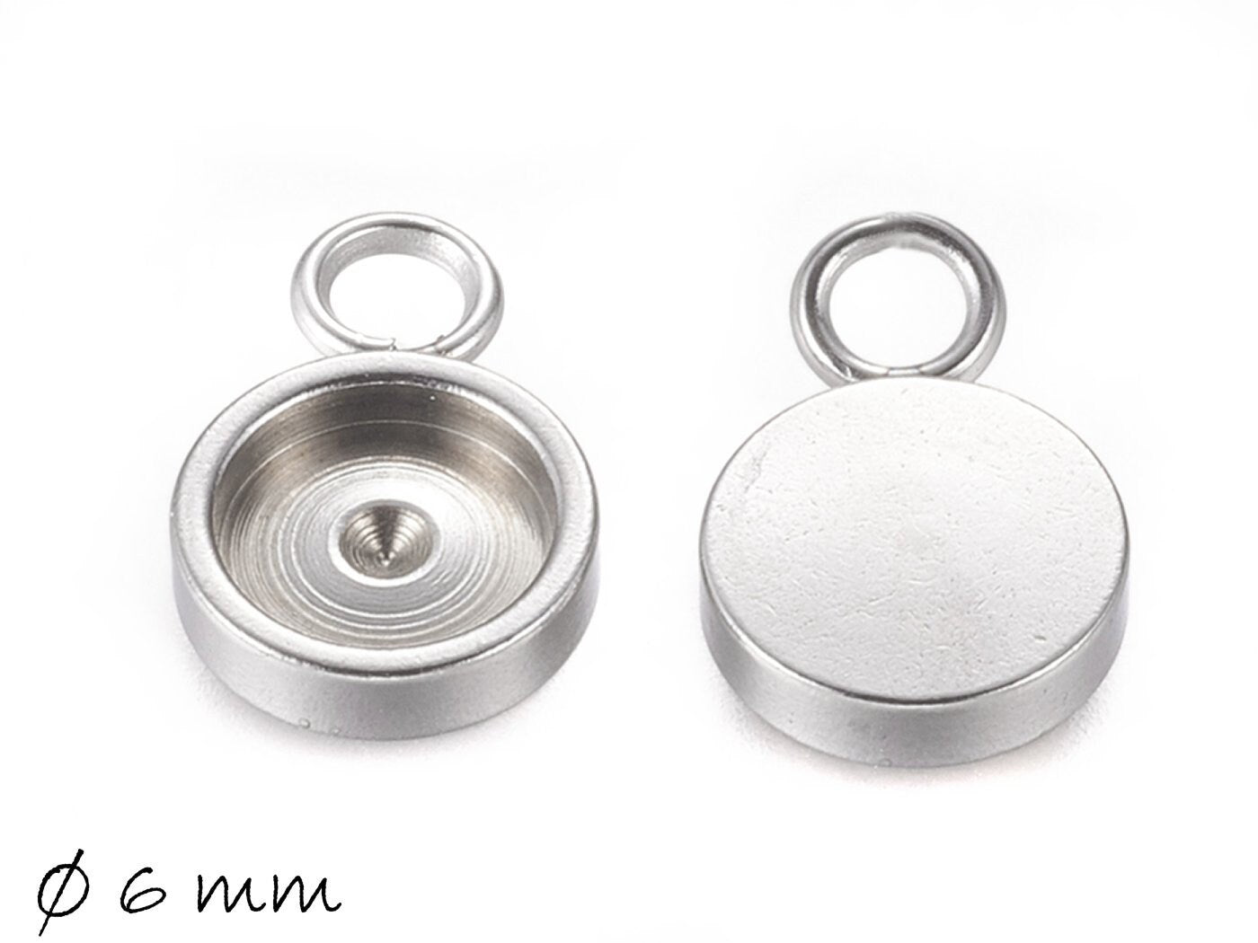 2 Stück Massive Anhänger mit Fassung für Cabochons, Edelstahl, Silber, 6 mm