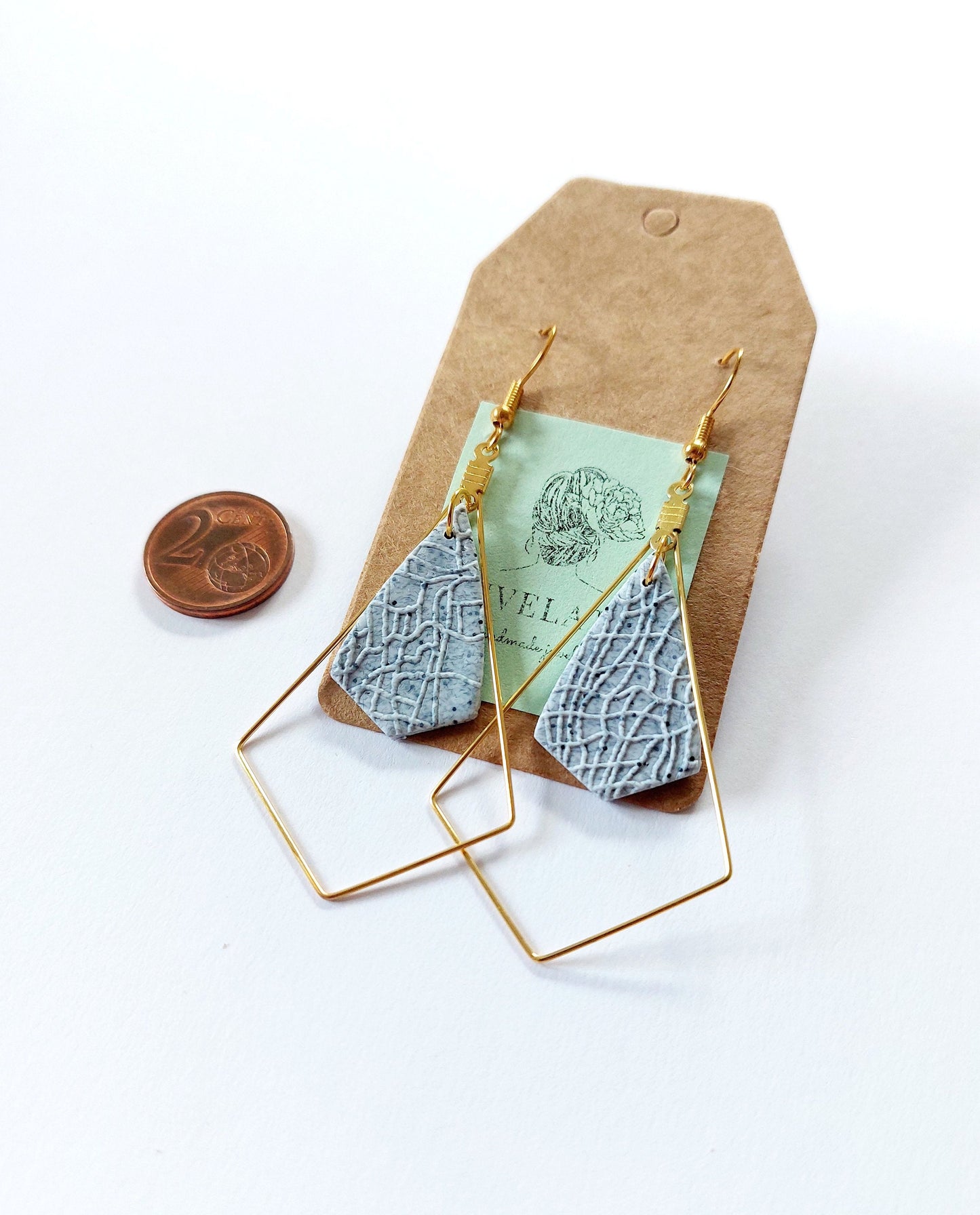 Statement Ohrringe Raute Polymer Clay Stein Optik Marmor grau golden