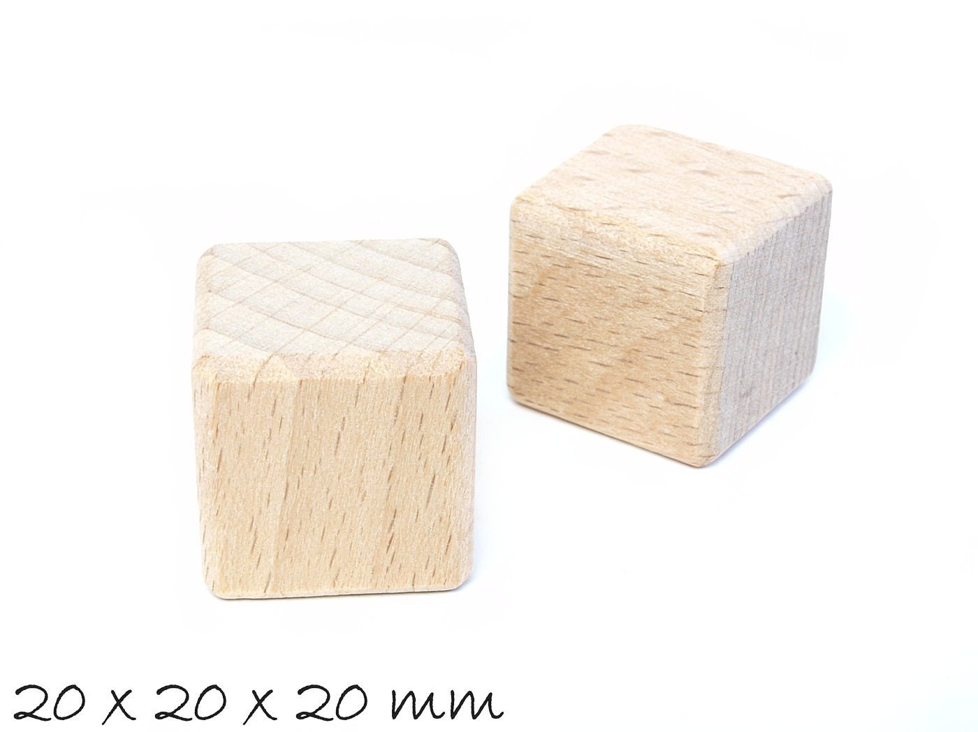 2 Stück Würfel aus Holz, naturbelassen und ohne Bohrung, 20 x 20 x 20 mm