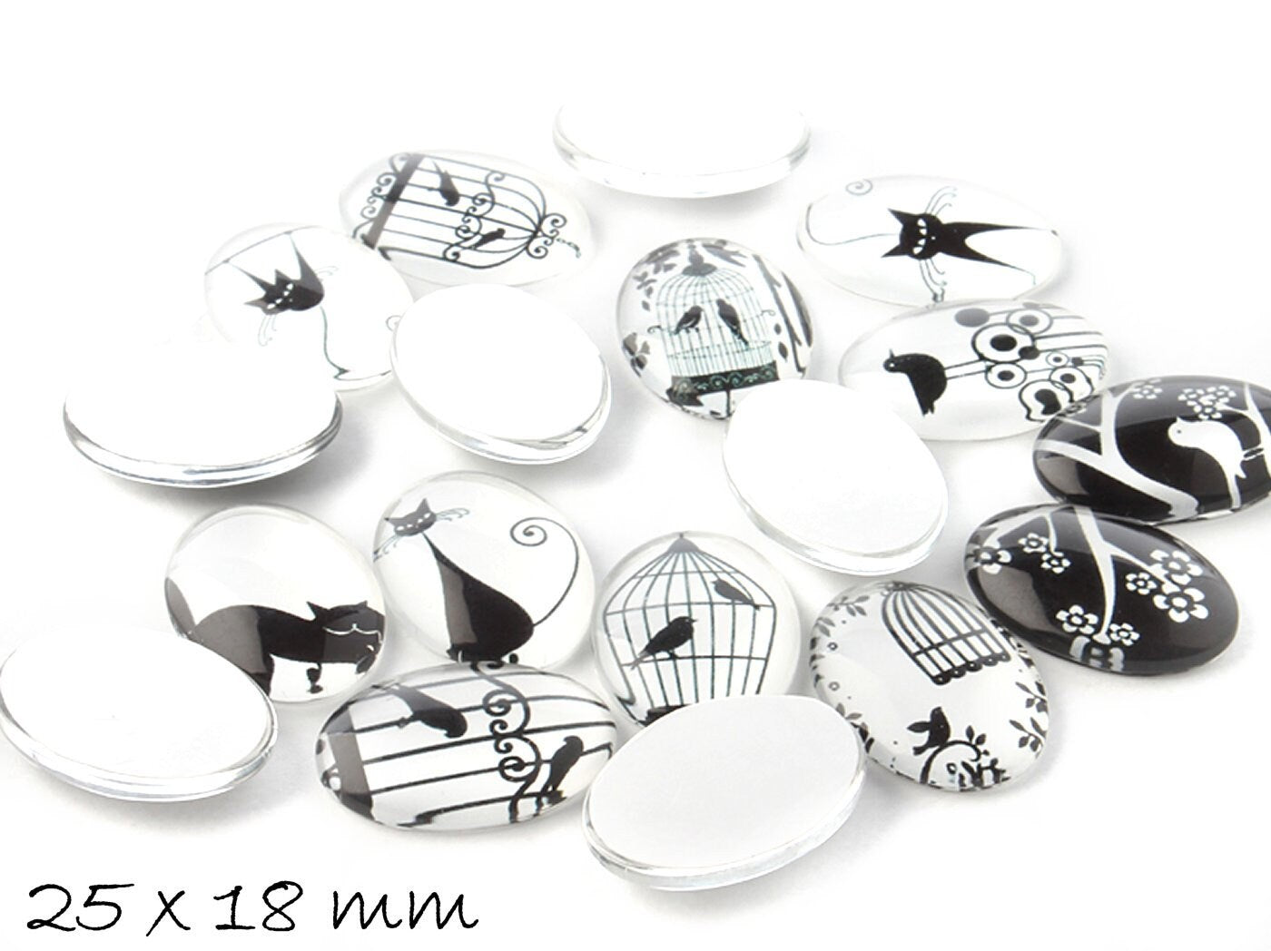 5 Stück beklebte Glas Cabochons Katzen und Vogelkäfige, 25 x 18 mm