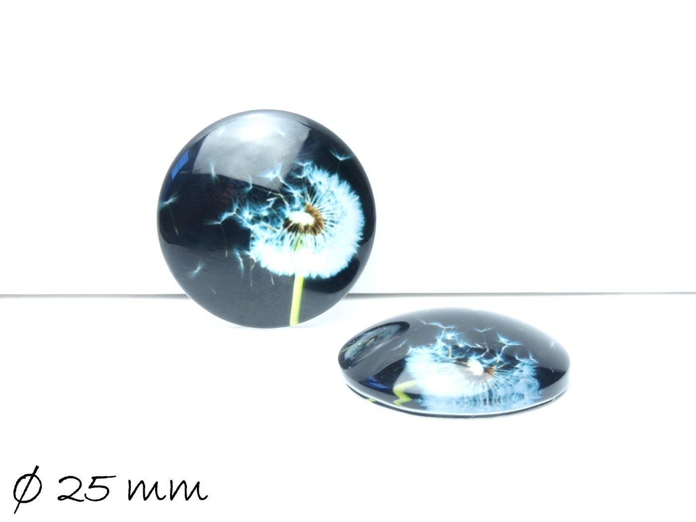 1 Stück Beklebte Glas Cabochons, Pusteblume - schwarz, weiß, Ø 25 mm