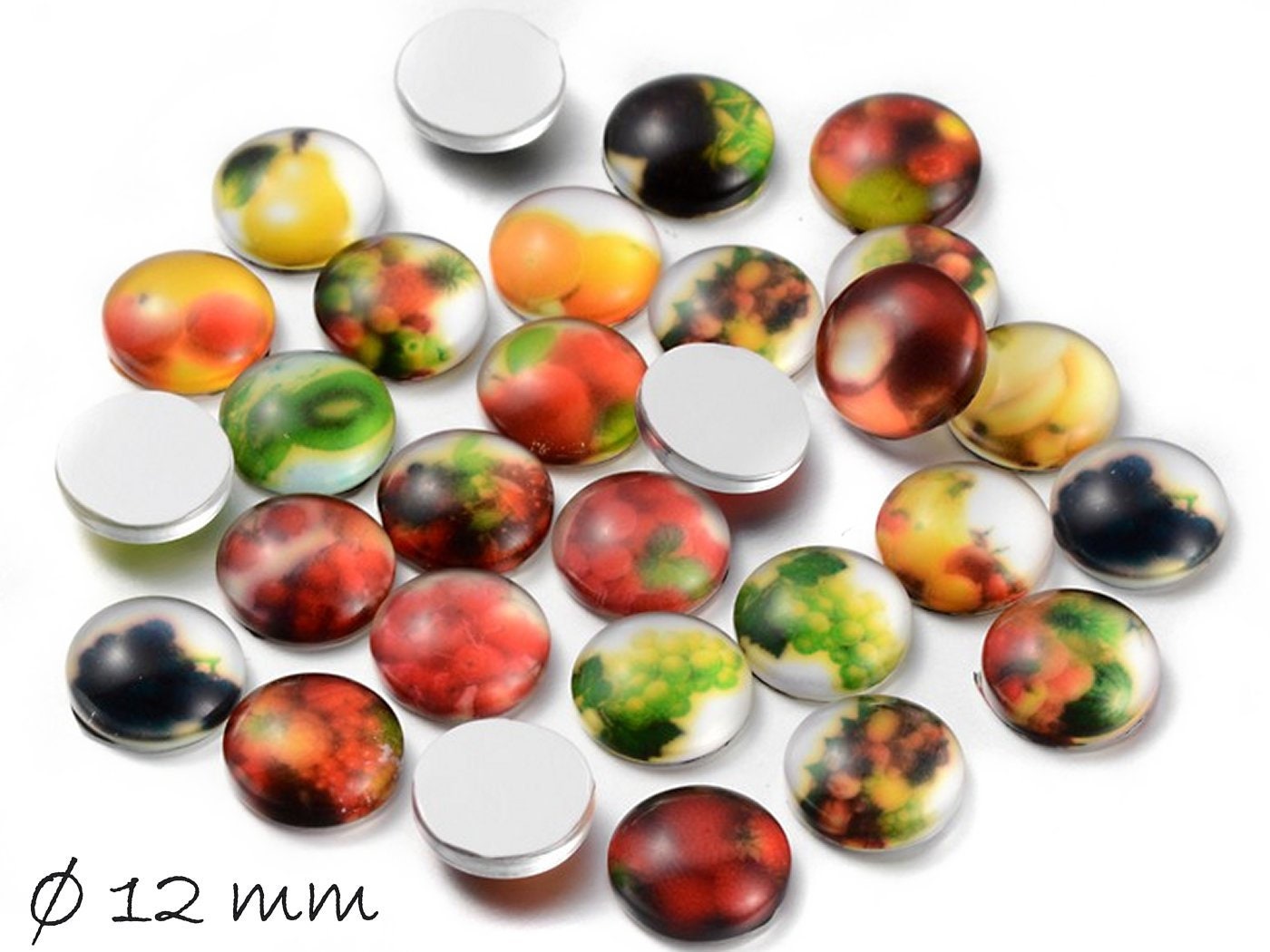 10 Stück Beklebte Glas Cabochons, Obst, Früchte, Ø 12 mm