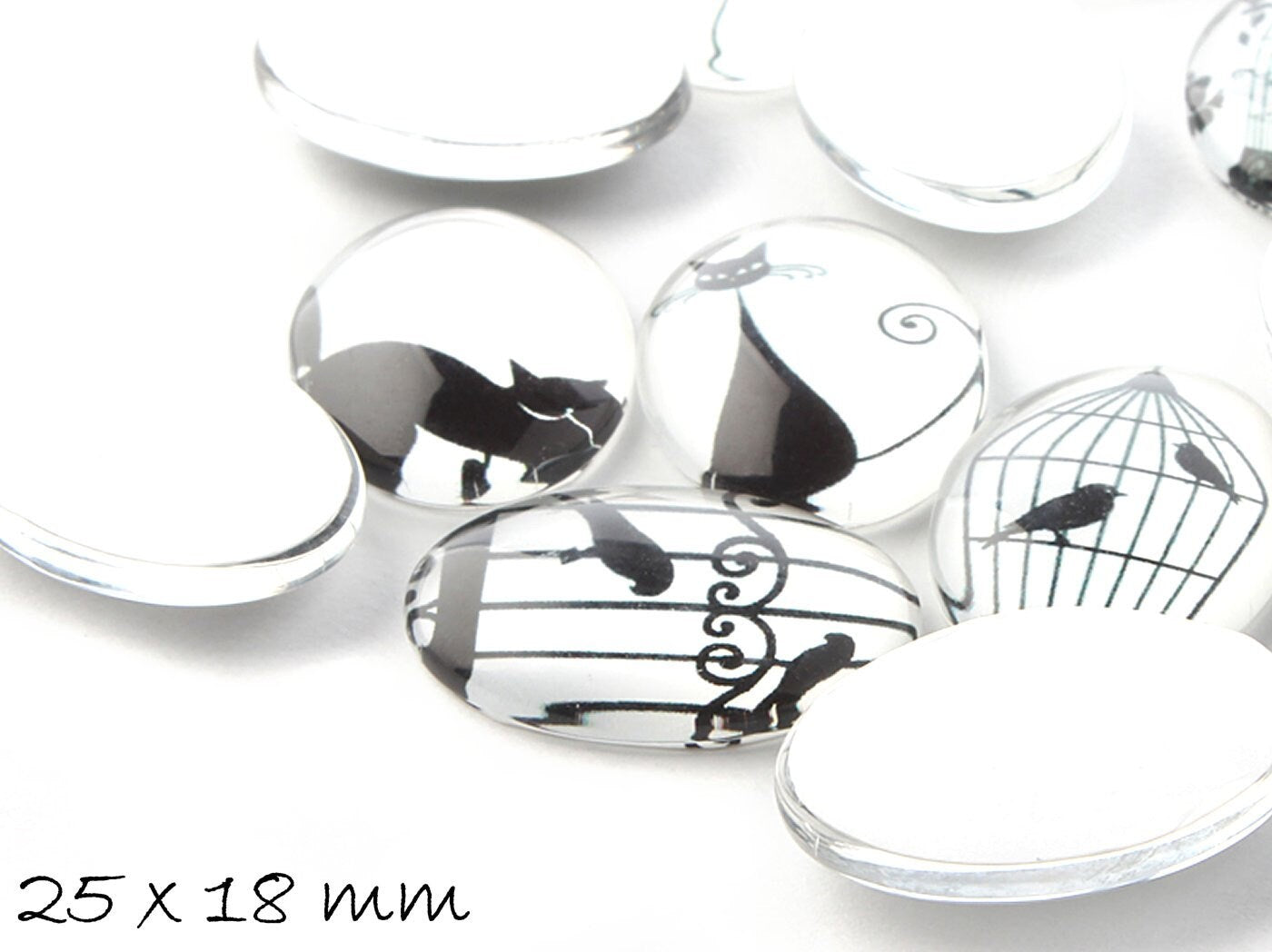 5 Stück beklebte Glas Cabochons Katzen und Vogelkäfige, 25 x 18 mm