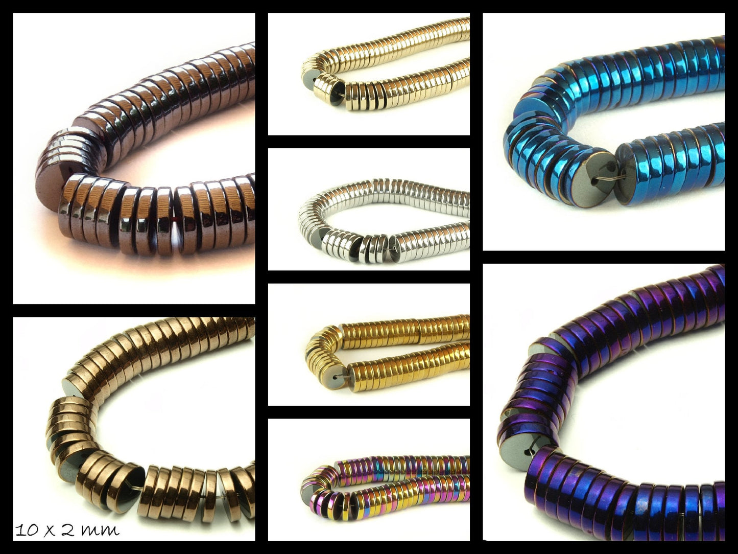 10 Stück Hämatit Perlen, Scheibe, verschiedene Farben, 10 x 2 mm