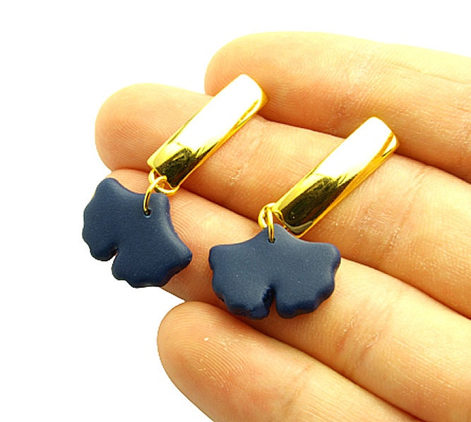 Statement Ohrringe Polymer Clay Ginkgo Blätter blau golden