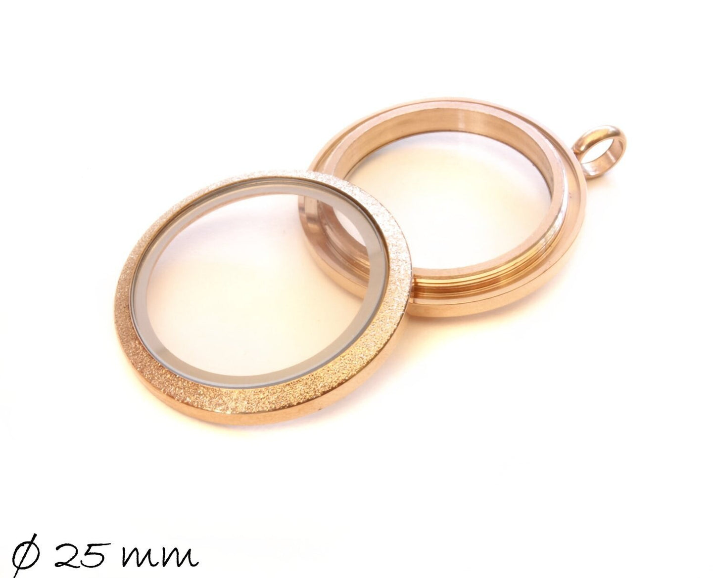 1 Stück Schraub-Medaillons, rose gold mit Glitzer, Glas, Edelstahl, Ø 25 mm