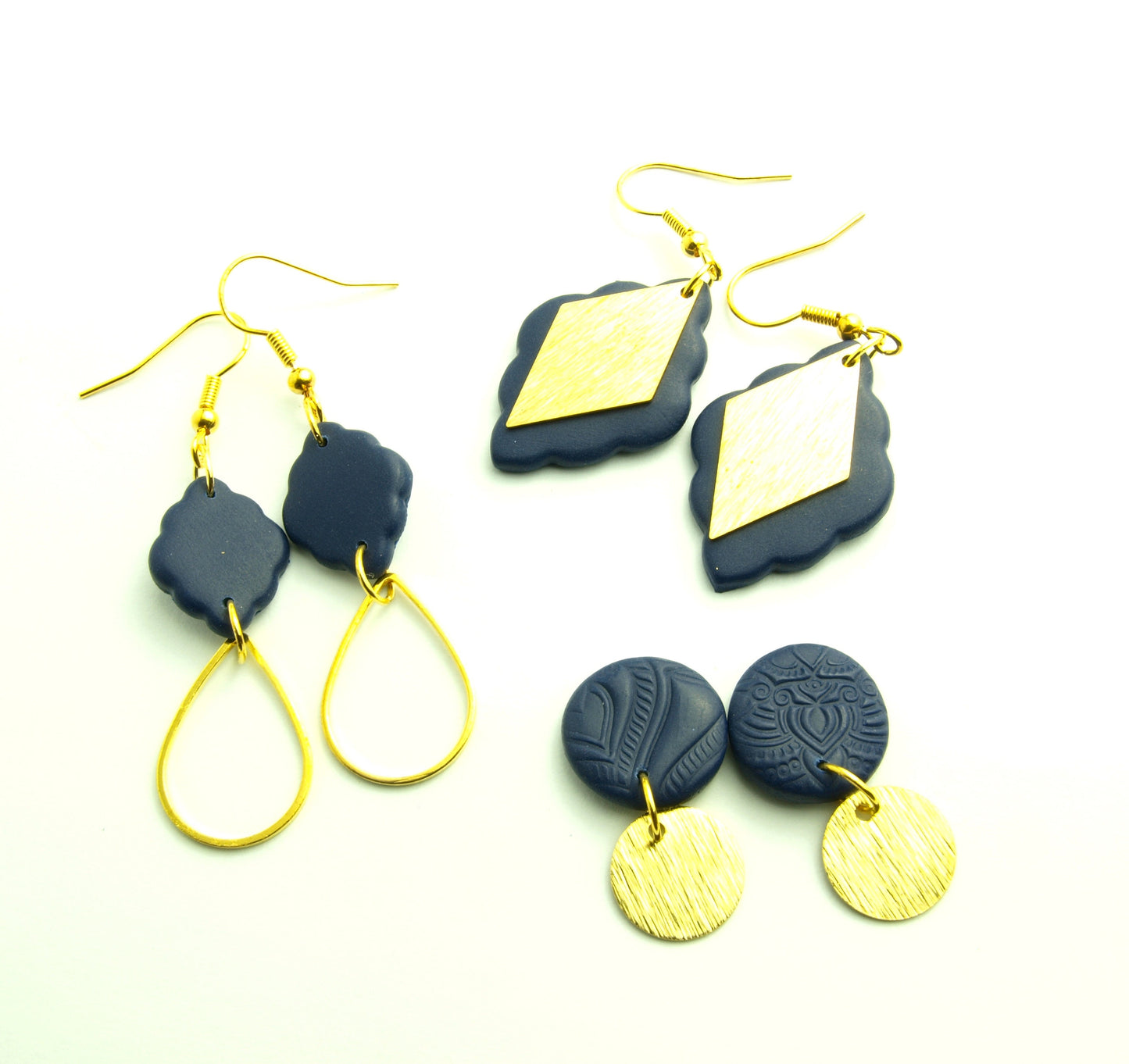 Statement Ohrringe Raute Polymer Clay blau golden