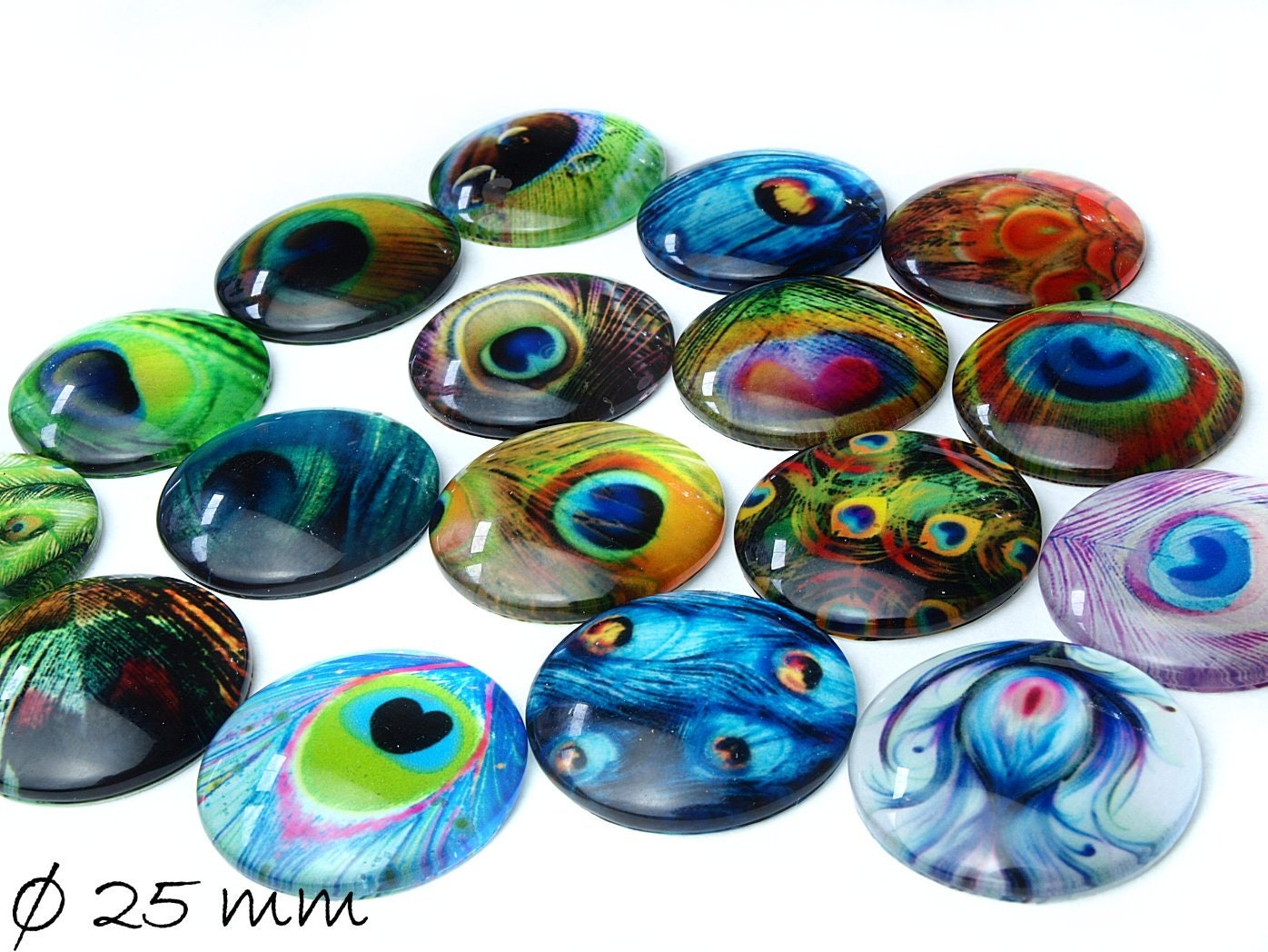 1 Stück Beklebte Glas Cabochons, Pfau, Feder Ø 25 mm