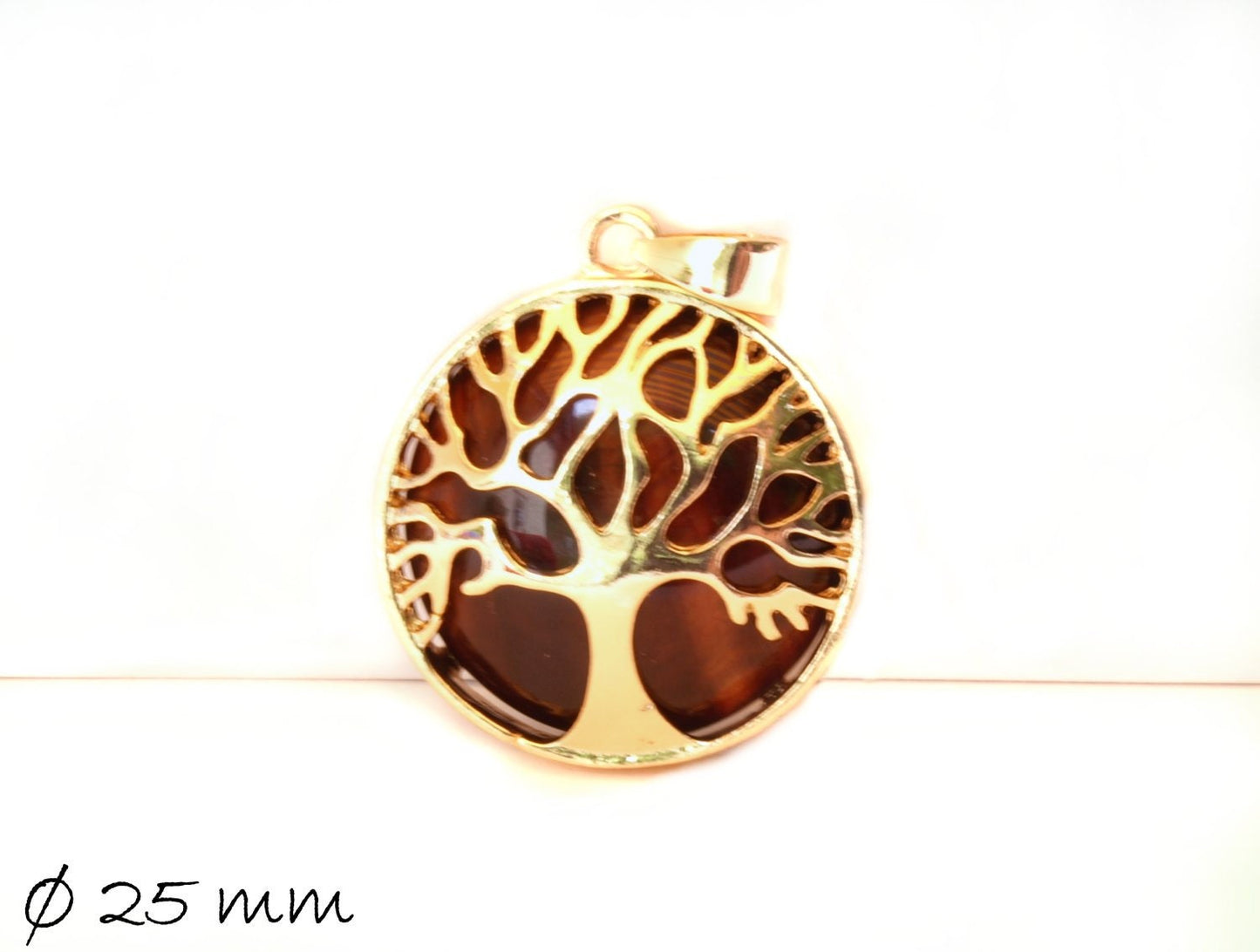 1 Stück Anhänger Edelstein roter Tigerauge, Tree of Life, Lebensbaum, Ø 26 mm