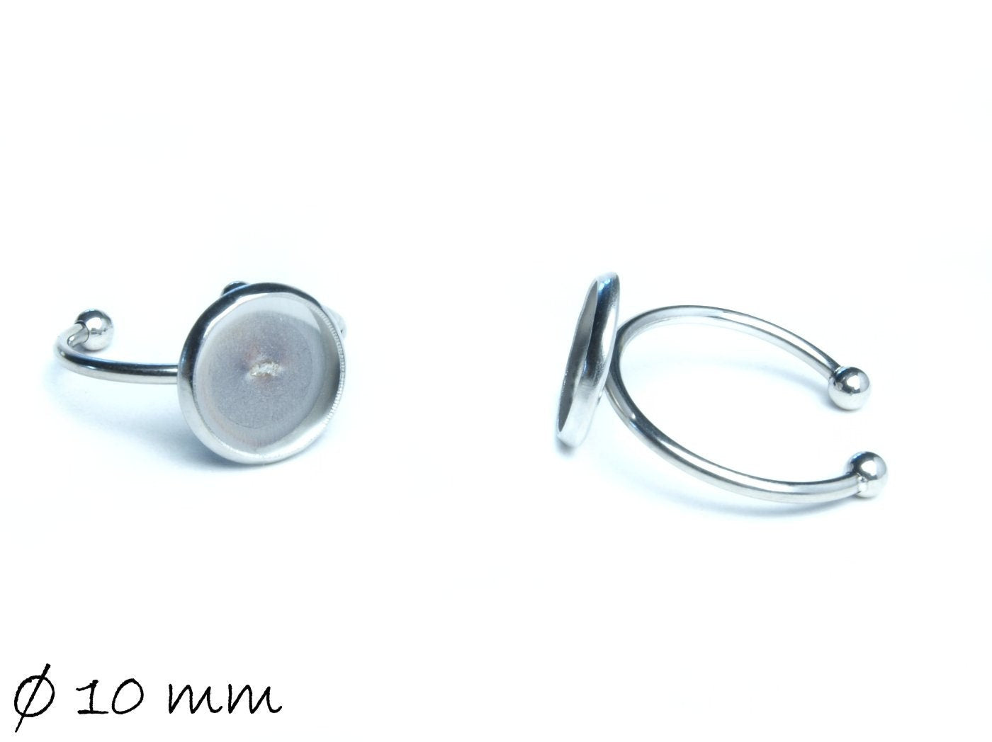 2 Stück Edelstahl Ringrohlinge, 17 mm silber mit 10 mm Cabochonfassung