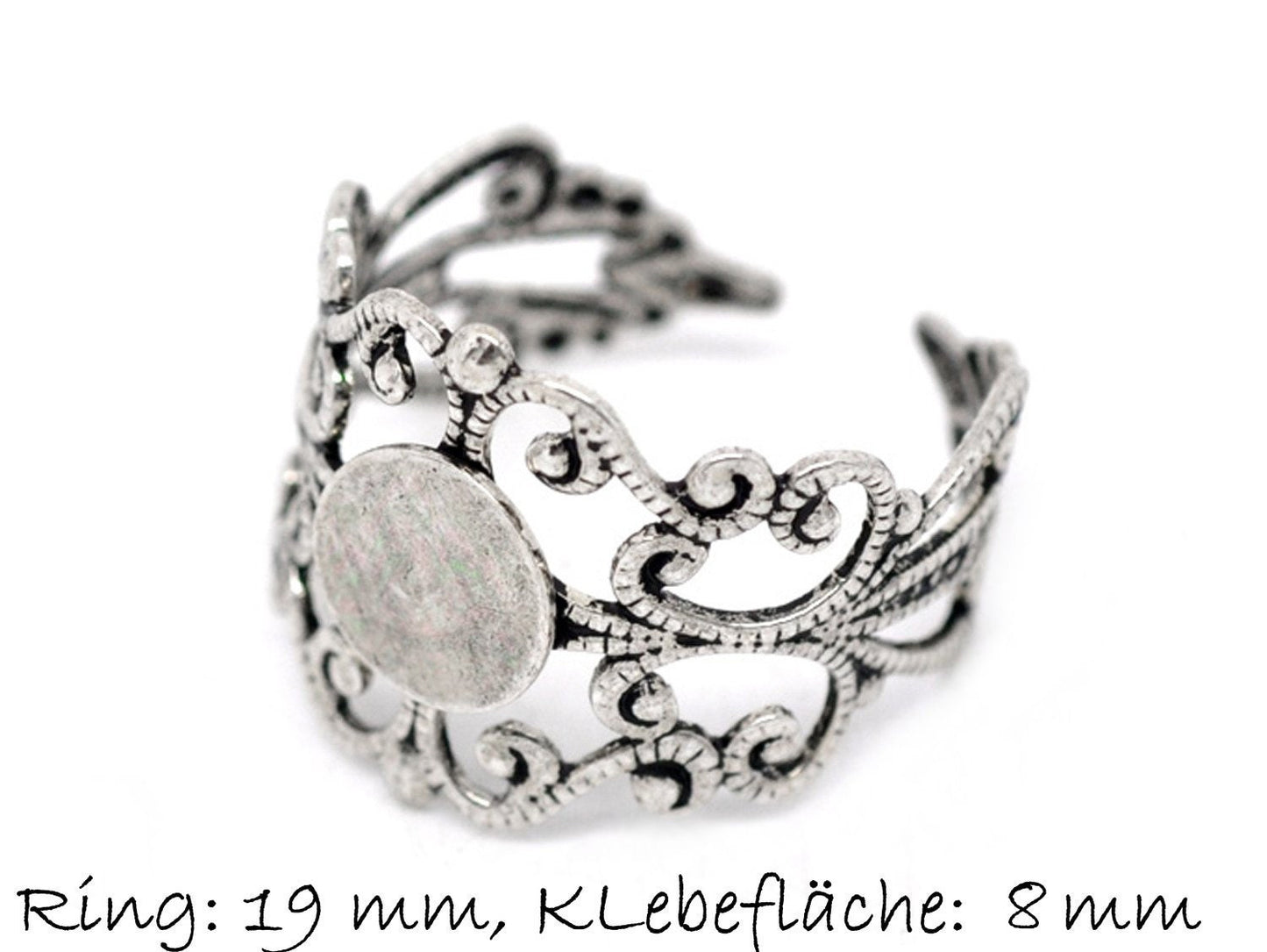 2 Stück Ring Rohling, verstellbar, altsilber, verziert, 19 mm, Klebefläche: 8 mm