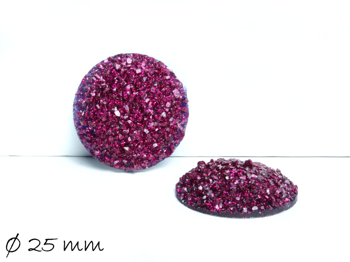 2 Stück Resin Cabochons, rund, Druzy-Imitat 25 mm, pink, dunkel