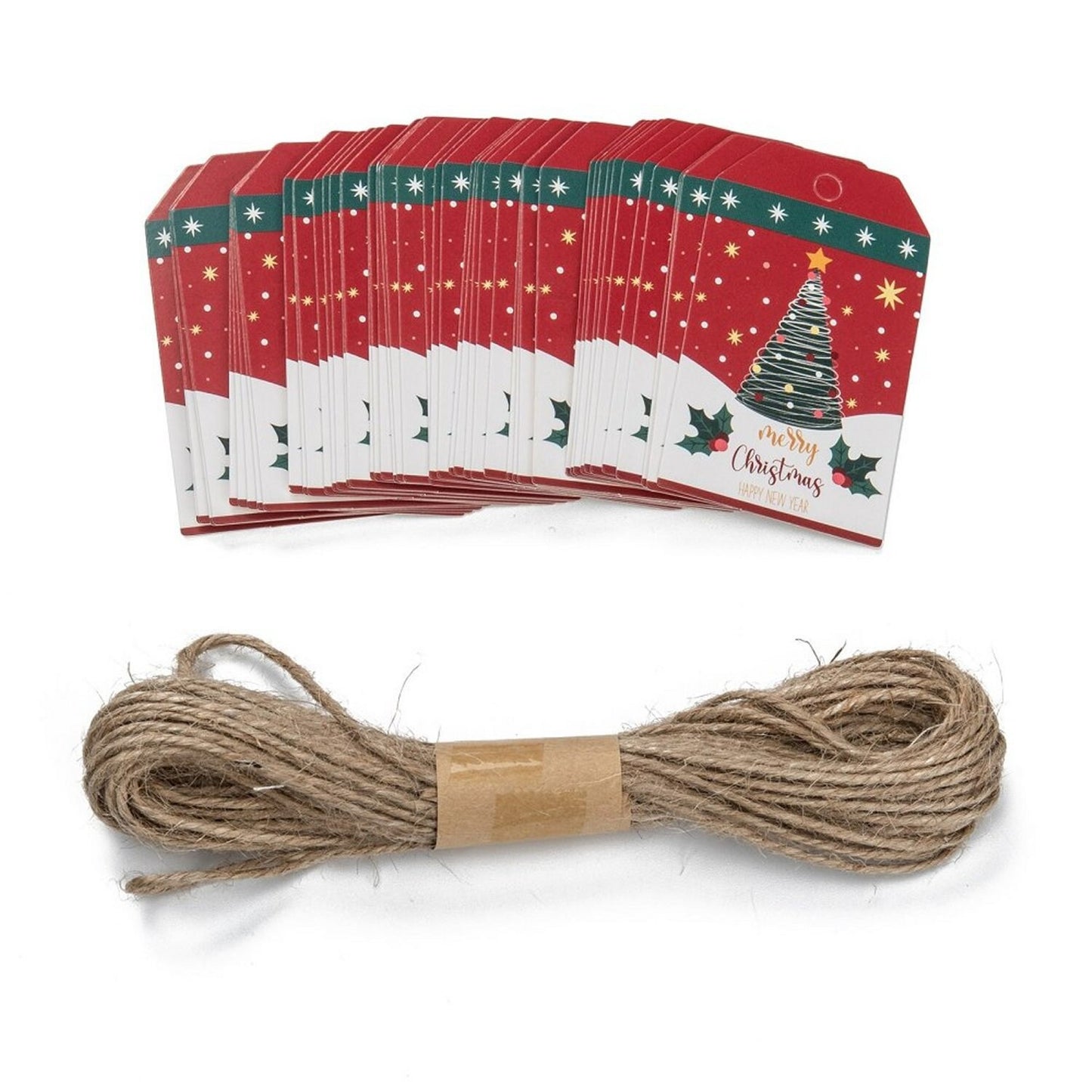 25 Rechteckige Weihnachtskarten aus Kraftpapier mit Kordel (5 m), 7 x 4 x 0,03 cm