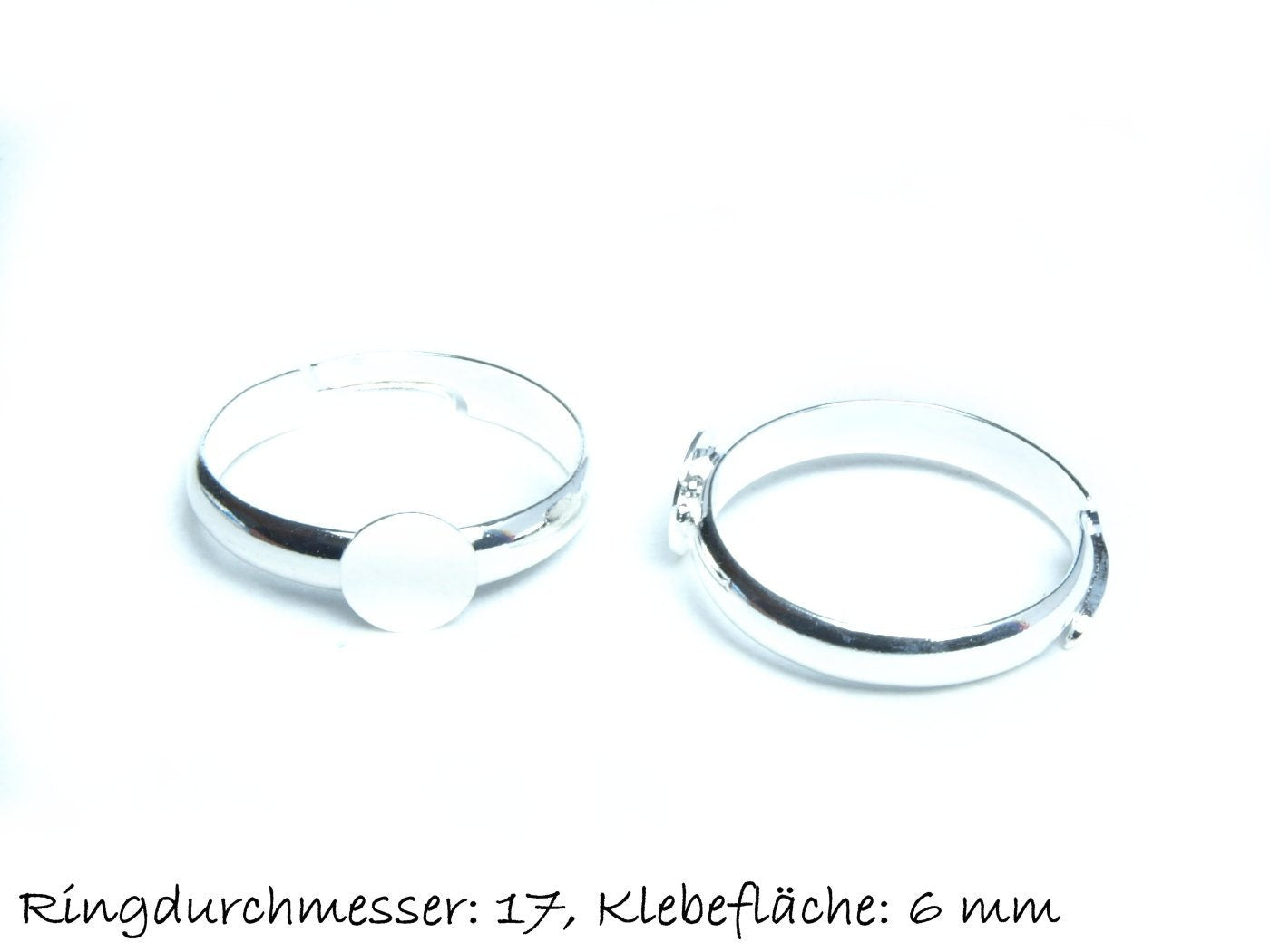 2 Stück Ring Rohling, verstellbar, silber, 17 mm, Fläche 6 mm