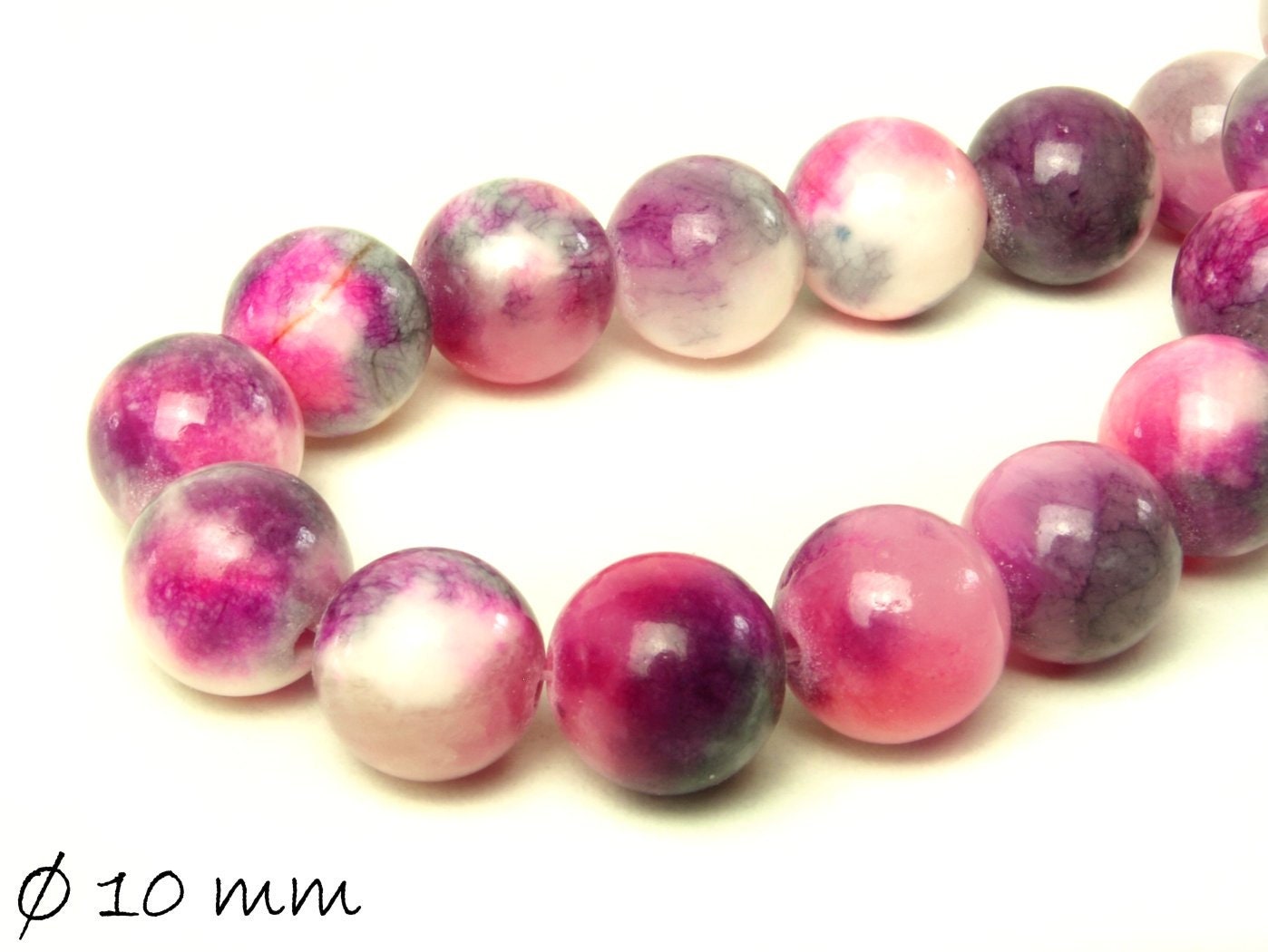 10 Stück Edelstein Jadeperlen, pink lila weiß, Ø 10 mm