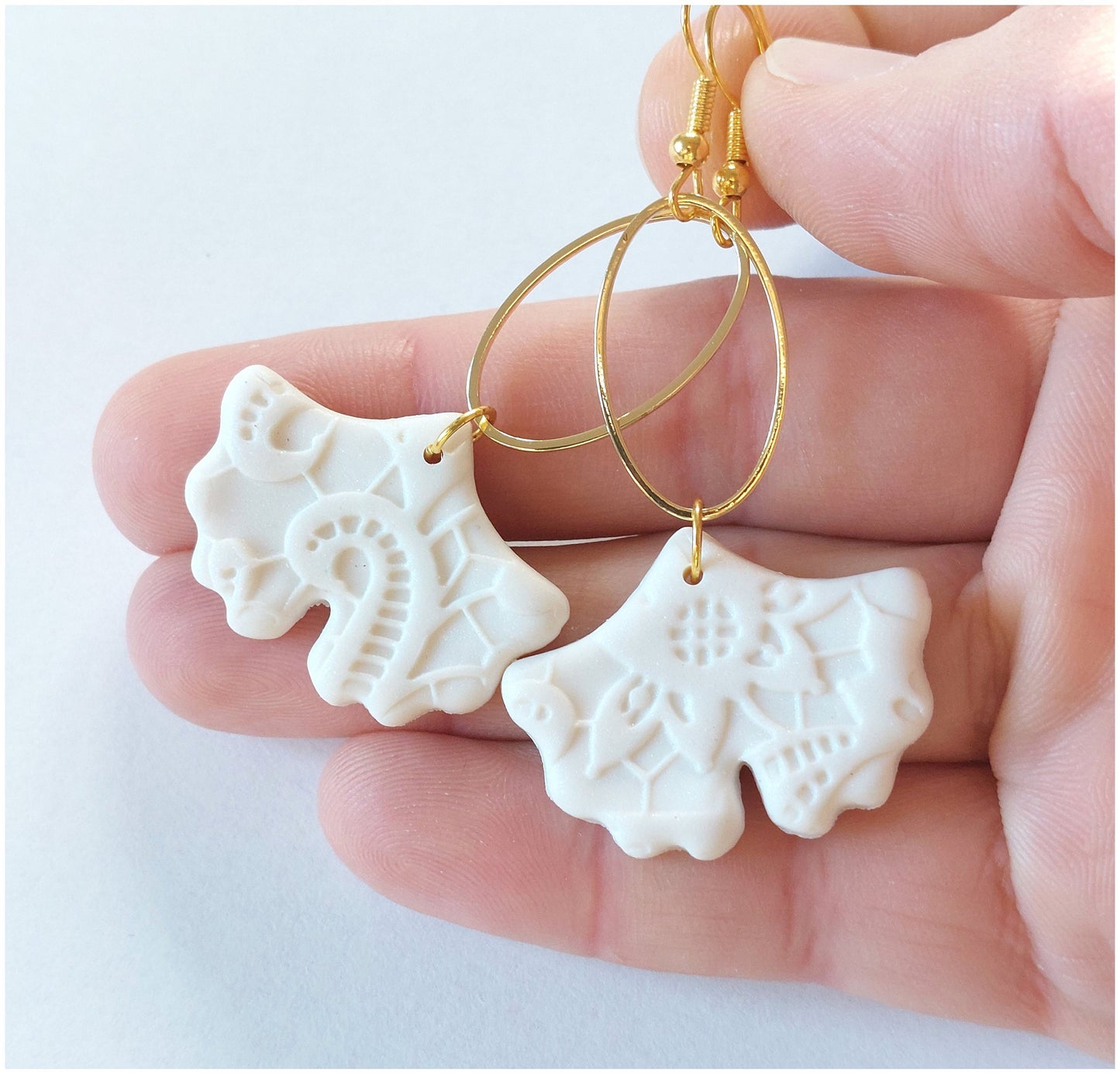 Statement Ohrringe Polymer Clay Blätter weiß gold nach Wahl