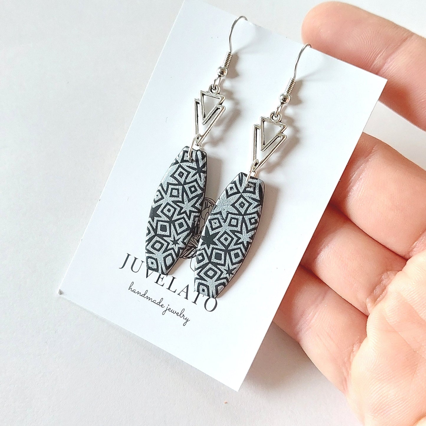 Statement Ohrringe Polymer Clay retro Muster Rechteck schwarz silber nach Wahl