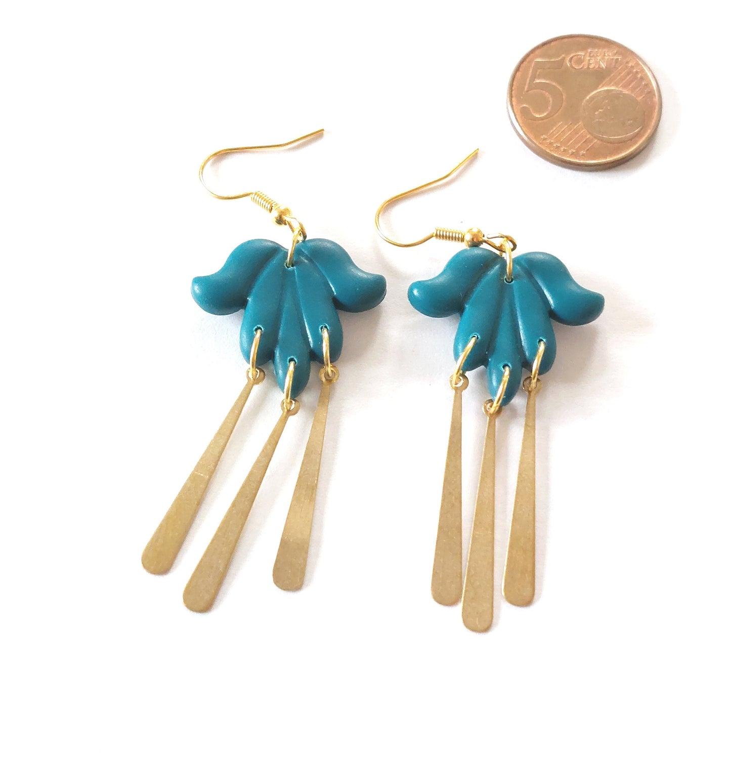 Statement Ohrringe Polymer Clay Blüten Blätter petrol blau gold nach Wahl