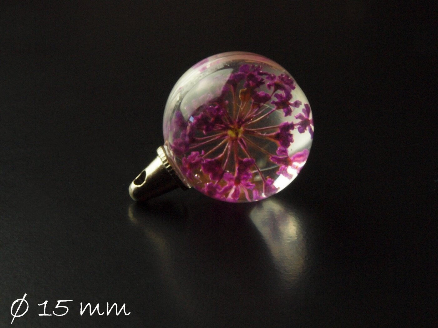 1 Stück Anhänger Glaskugel mit echten Blüten Ø 15 mm, Pink, silber
