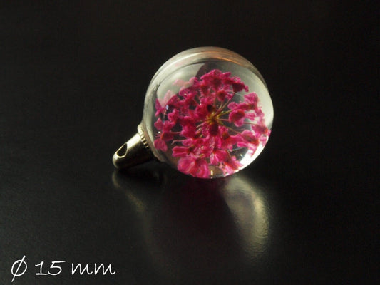 1 Stück Anhänger Glaskugel mit echten Blüten Ø 15 mm, Pink, silber
