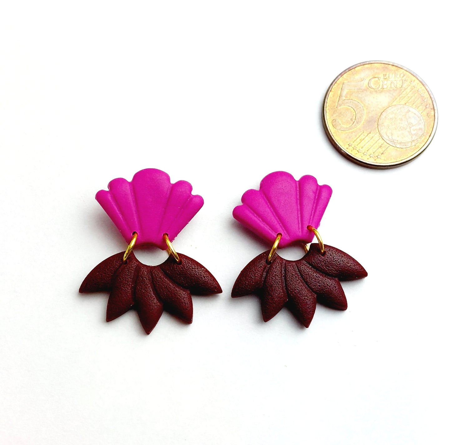 Statement Ohrringe Polymer Clay Blätter Muschel Rechteck pink bordeaux rot gold nach Wahl