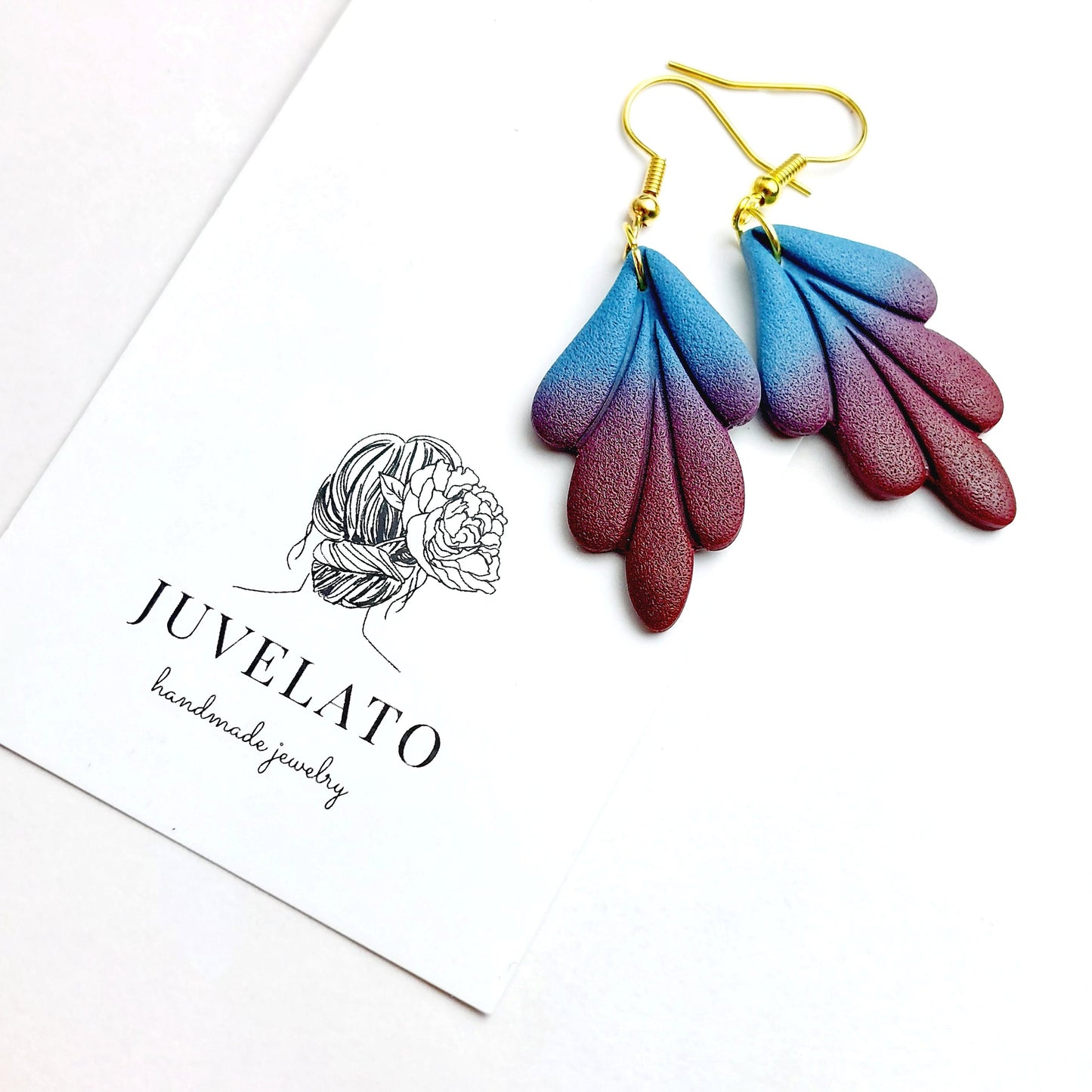 Statement Ohrringe Polymer Clay bordeaux rot weinrot blau gold Blätter Muschel Creolen nach Wahl