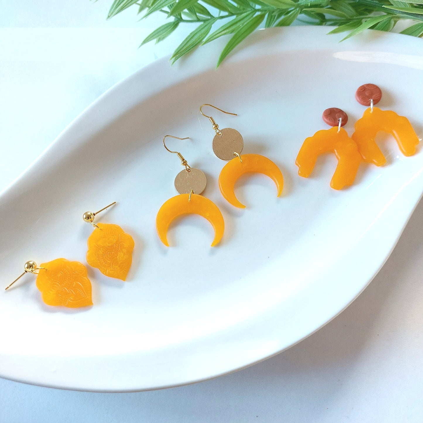 Statement Ohrringe Polymer Clay geometrisch Bernstein orange gold nach Wahl