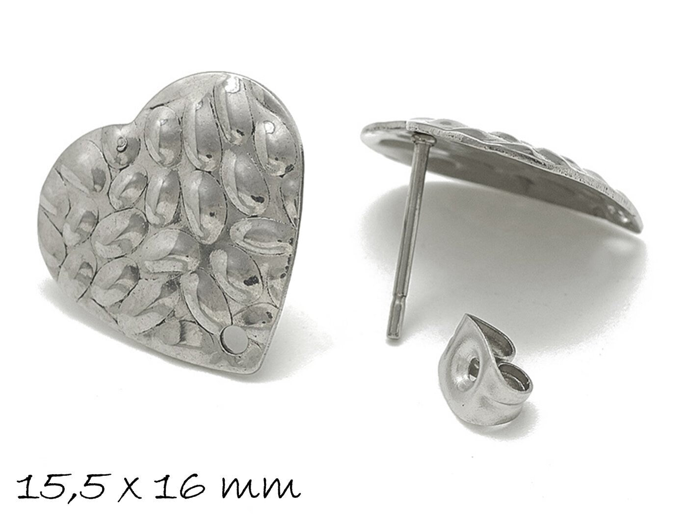10 Stück Edelstahl Ohrstecker Herz, silber, 15,5 x 16 mm
