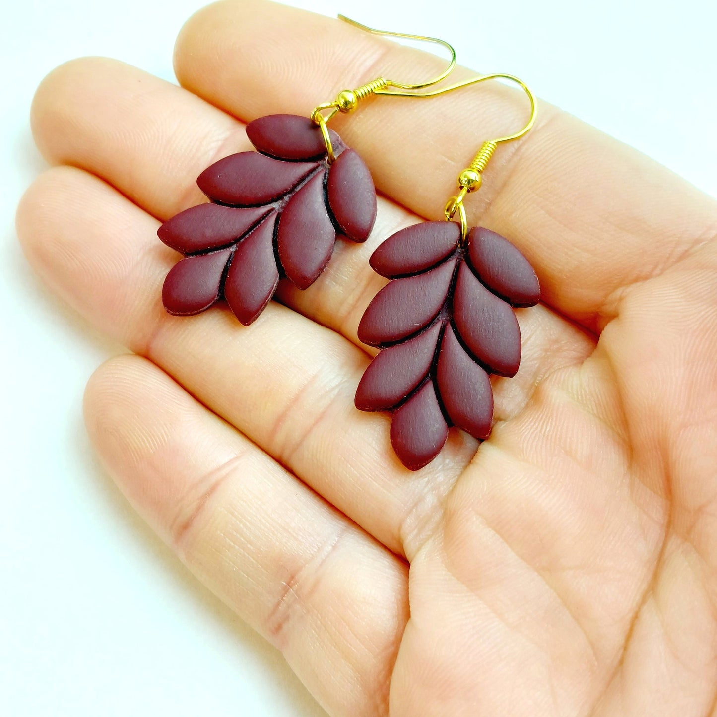 Statement Ohrringe Polymer Clay bordeaux rot weinrot gold Blätter Herzen Creolen nach Wahl