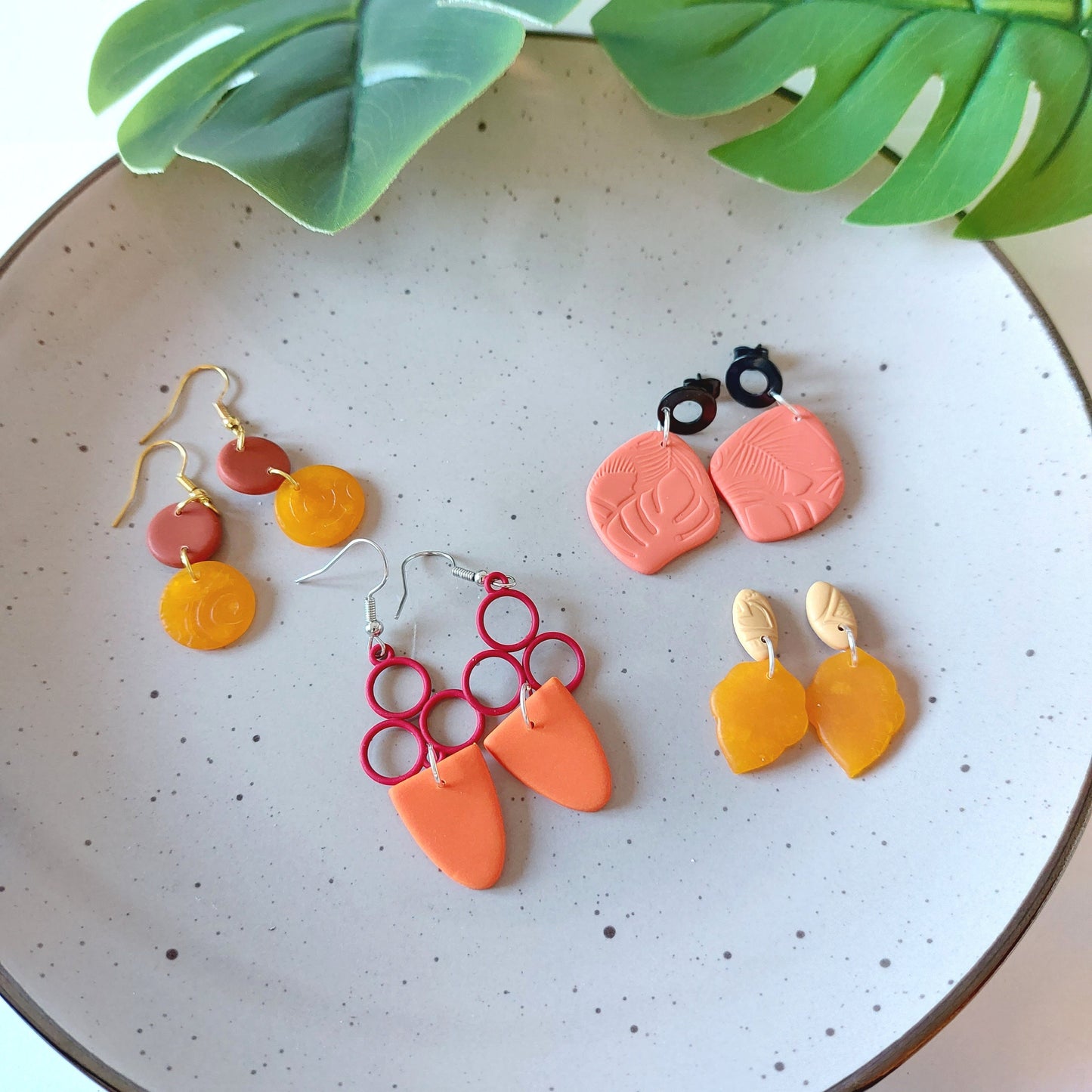 Statement Ohrringe Polymer Clay geometrisch Bernstein orange rot schwarz nach Wahl