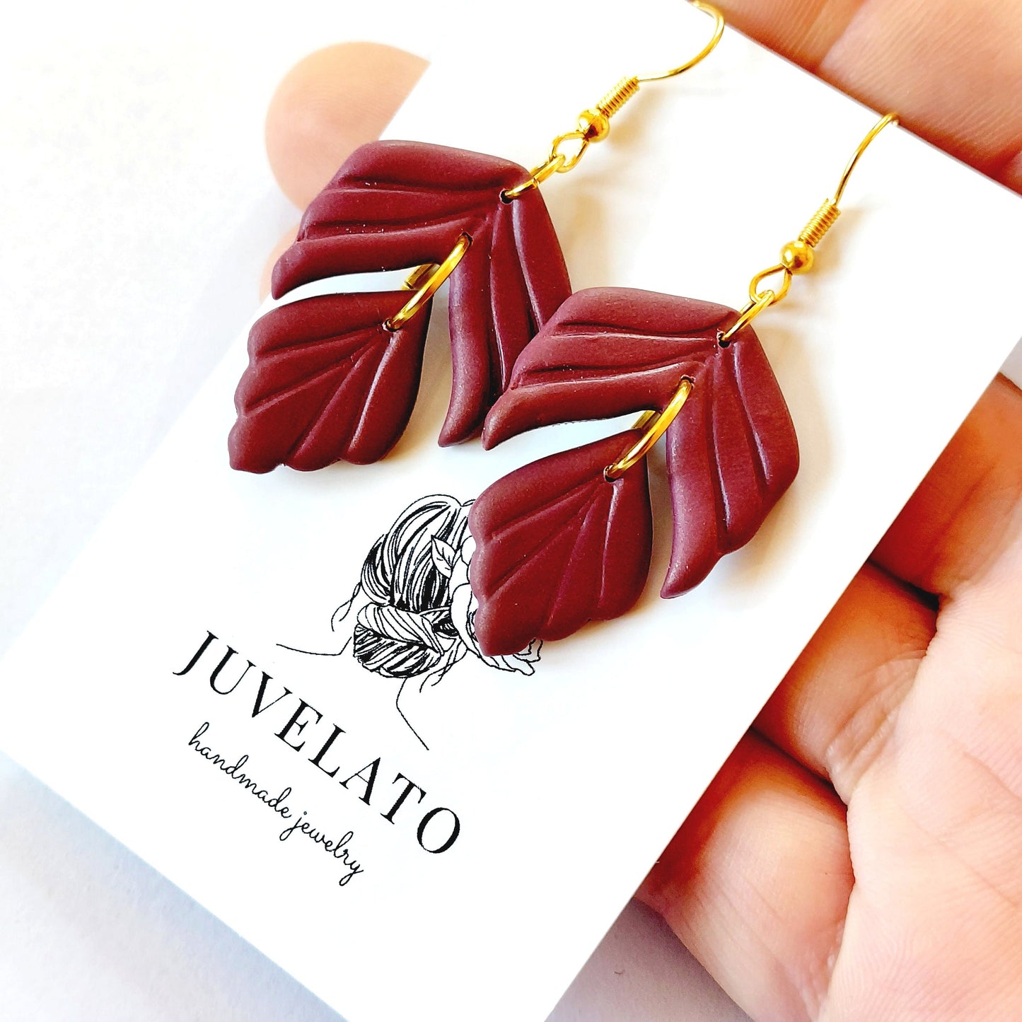 Statement Ohrringe Polymer Clay bordeaux rot weinrot gold Blätter Blüten Creolen nach Wahl