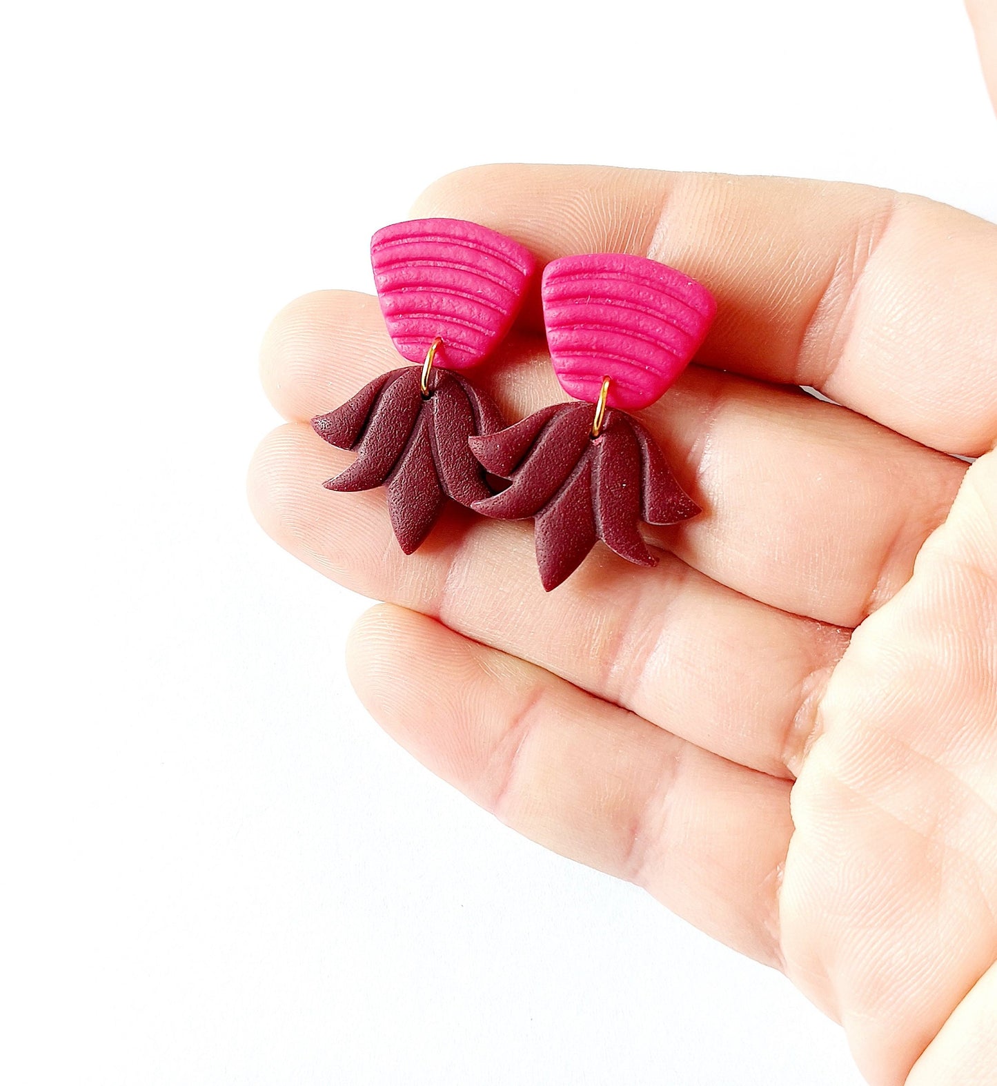 Statement Ohrringe Polymer Clay Blätter Blüten Bogen pink bordeaux rot gold nach Wahl