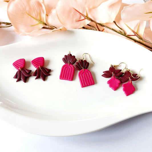 Statement Ohrringe Polymer Clay  Blätter Blüten Bogen pink bordeaux rot gold nach Wahl
