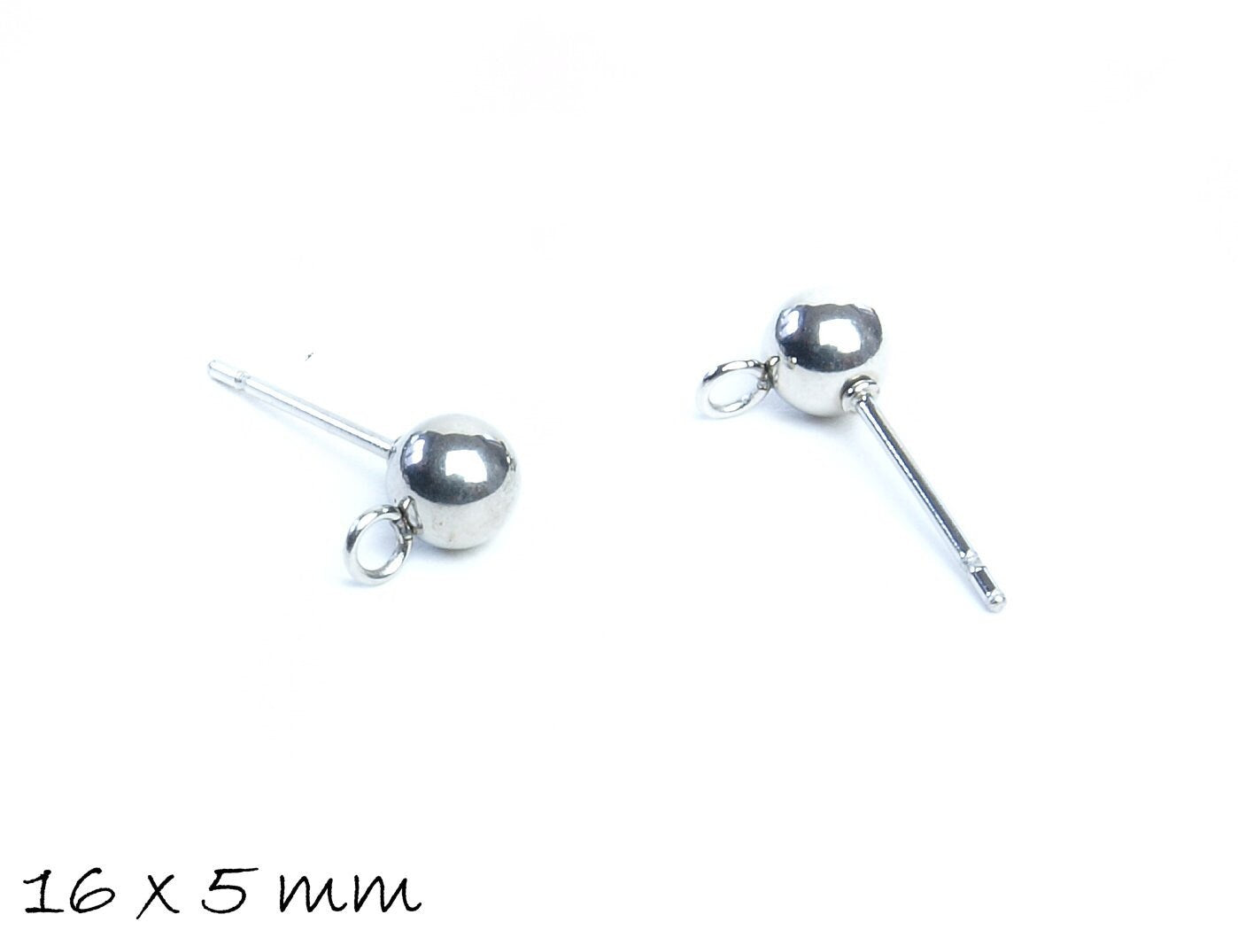 10 Stück Ohrstecker mit Kugel und Öse aus Edelstahl in Silber, 16 x 5 mm
