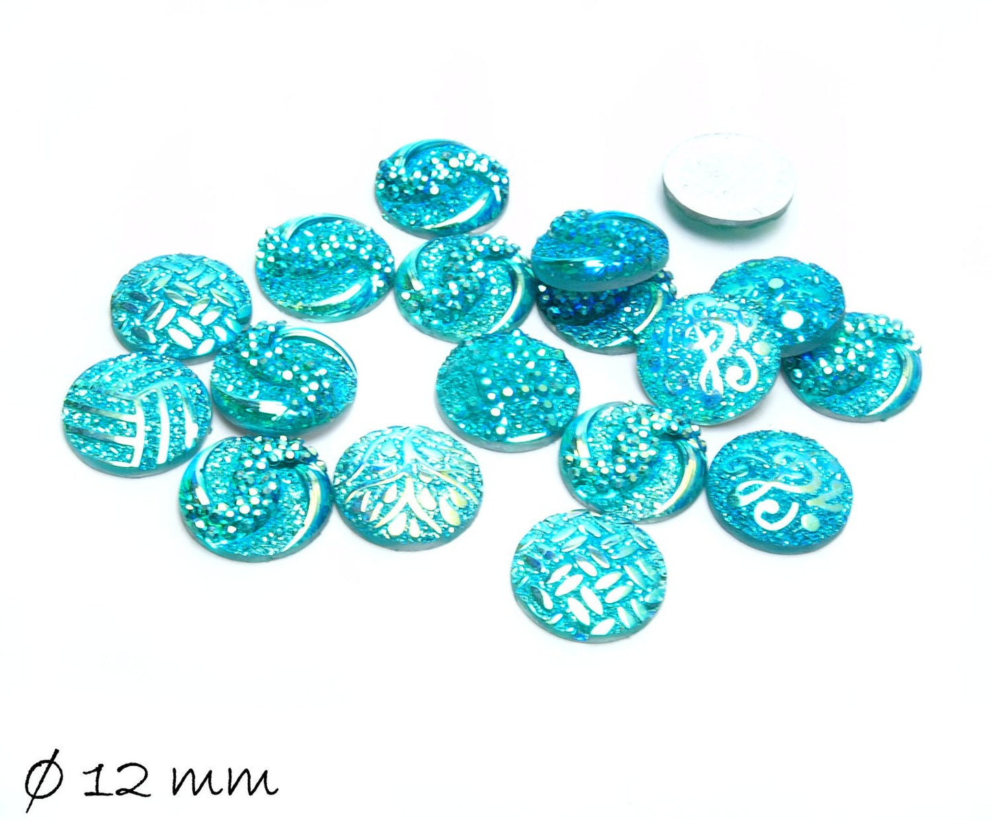 10 Stück Resin Cabochons, Hellblau mit Glitzer, 12 mm Mix