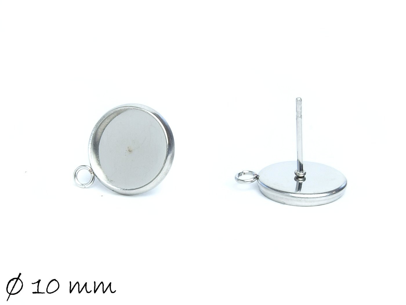 10 Stück Edelstahl Ohrstecker Rohling mit Öse und Fassung, 10 mm, silber