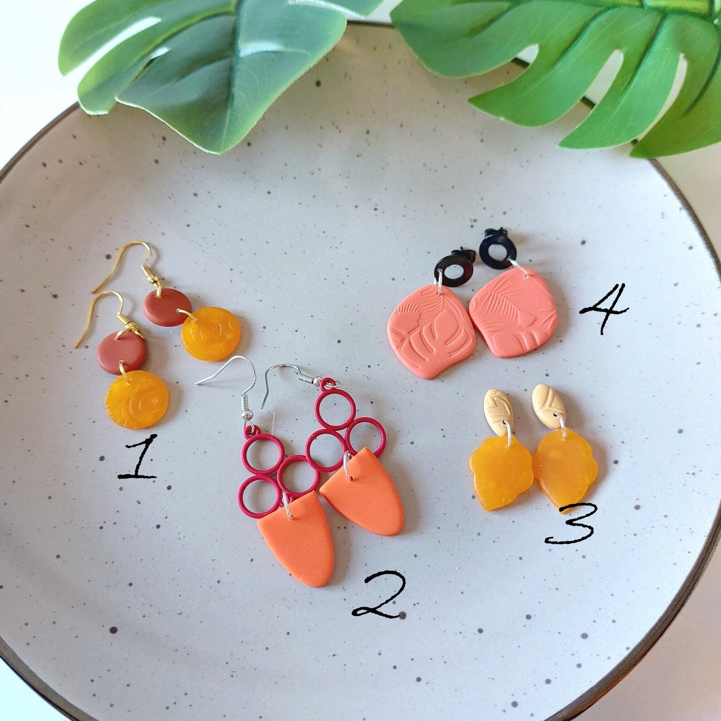 Statement Ohrringe Polymer Clay geometrisch Bernstein orange rot schwarz nach Wahl