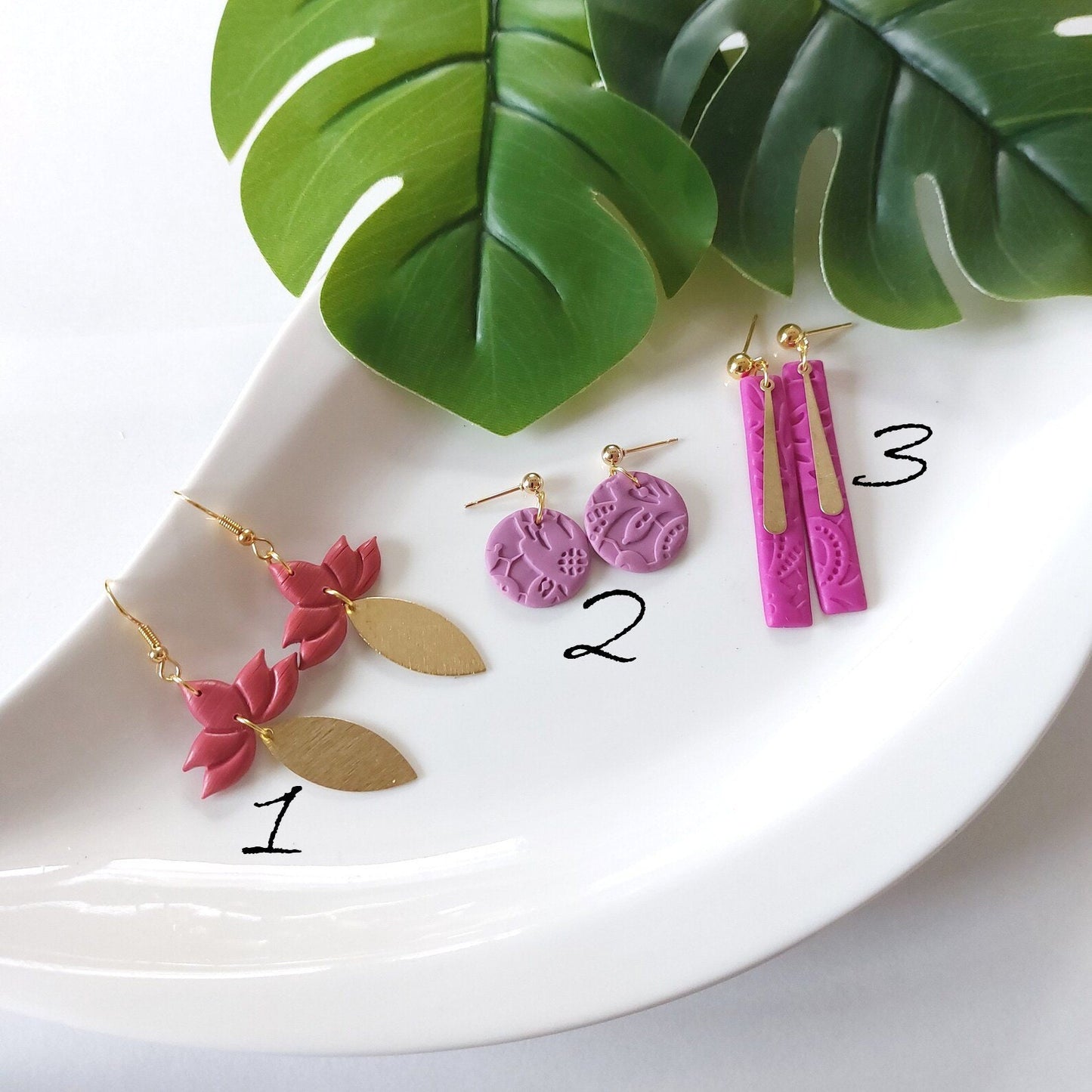 Statement Ohrringe Polymer Clay Blätter pink gold nach Wahl