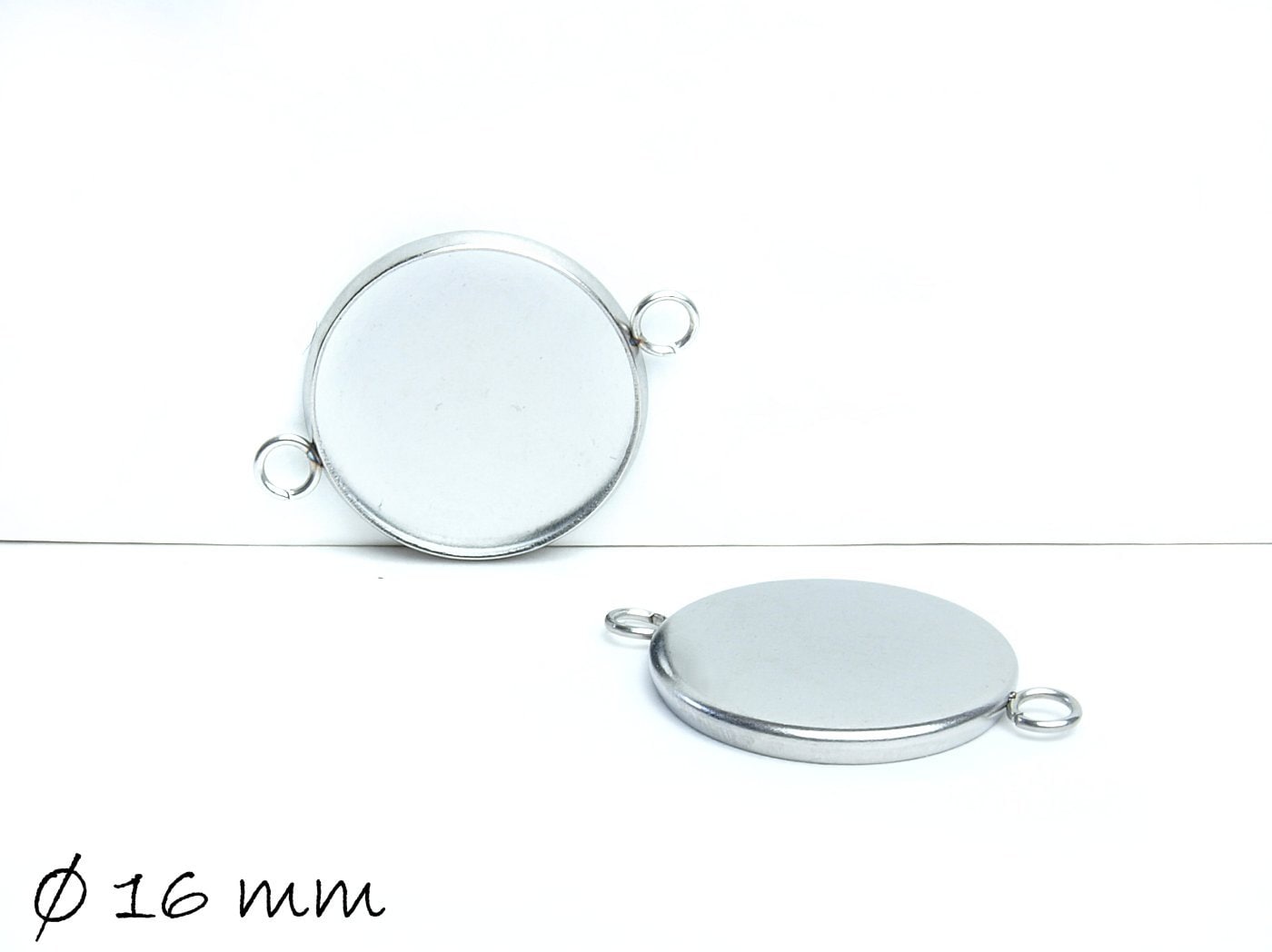 2 Stück Edelstahl Fassungen für Cabochons mit Doppelöse, Ø 16 mm, silber, Verbinder