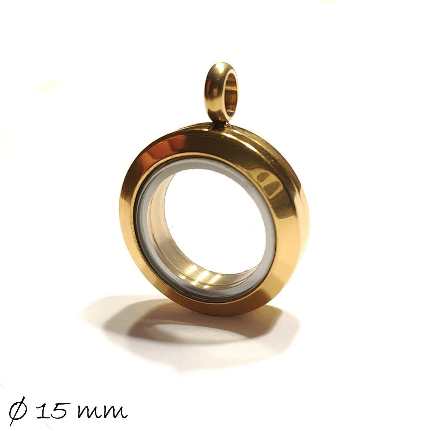 1 Stück Schraub Medaillon in gold, Glas, Edelstahl, Ø 15 mm