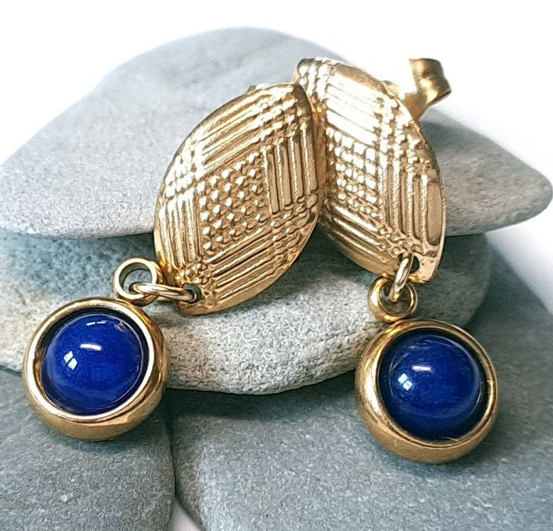 Lapislazuli Ohrstecker Gold Hängend, Blaue Edelstein Ohrringe Cabochon, Naturstein Schmuck 8mm 10mm 12mm, Elegant Geschenk für Sie