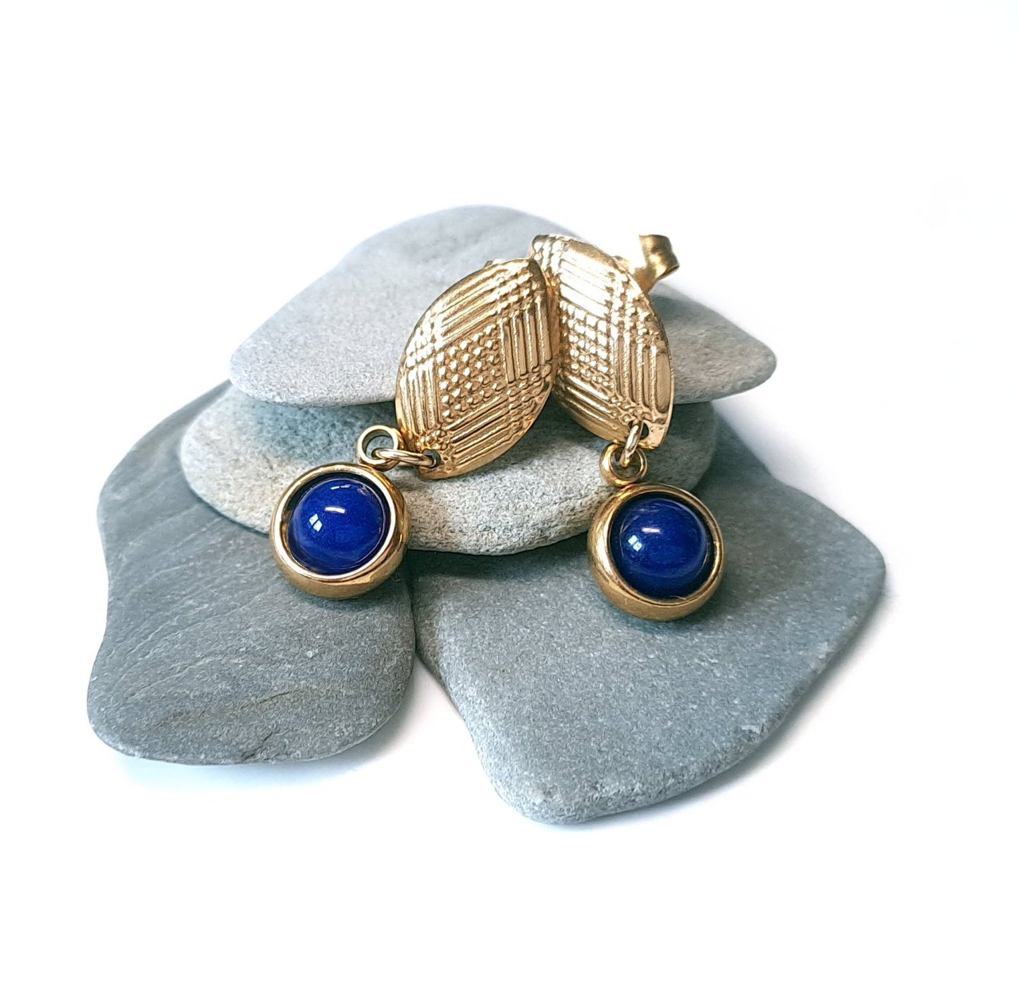 Lapislazuli Ohrstecker Gold Hängend, Blaue Edelstein Ohrringe Cabochon, Naturstein Schmuck 8mm 10mm 12mm, Elegant Geschenk für Sie