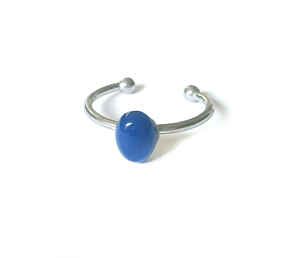 Offener Edelstahl-Ring verstellbar mit blauem Jade-Stein (8x6mm)