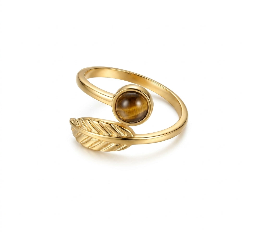 Edelstahl-Ring Blatt mit Tigerauge Gold – Verstellbar (Gr. 17,5)