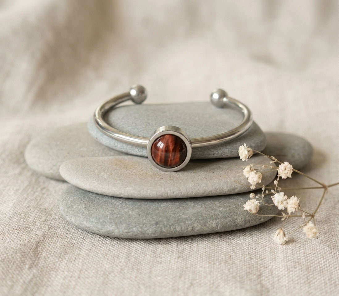 Edelstahl-Ring Rotes Tigerauge 4mm – Verstellbar (Gr. 17,5)