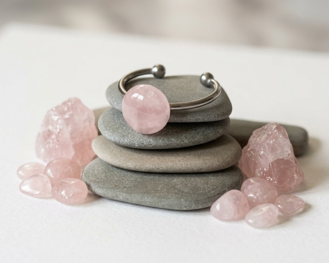 Rosenquarz Ring verstellbar aus Edelstahl (10 mm) | Rosa Stein