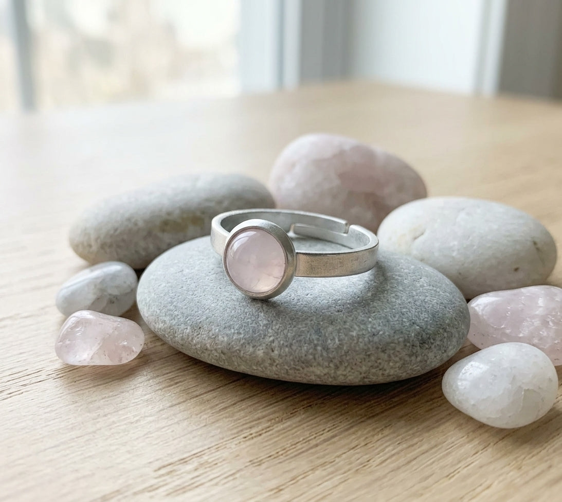 Rosenquarz Ring verstellbar aus Edelstahl (6 mm) | Rosa