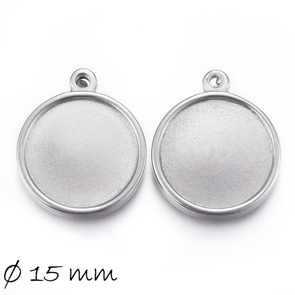2 Stück Massive Anhänger mit Fassung für Cabochons, Edelstahl, Silber, 15 mm