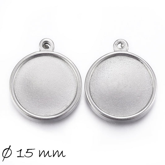 2 Stück Massive Anhänger mit Fassung für Cabochons, Edelstahl, Silber, 15 mm
